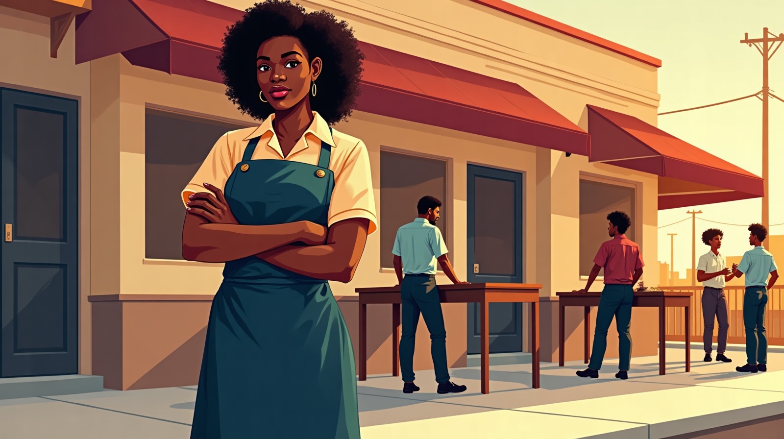 Editorial illustration: A dignified Black business owner in work apron standing proudly in front of her small manufacturing workshop at golden hour.