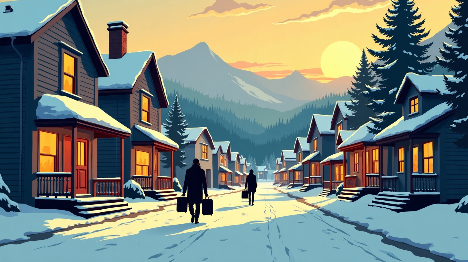 Editorial illustration: A snowy mountain-town street at dusk where several front doors of houses stand open with warm golden light spilling onto the snow.