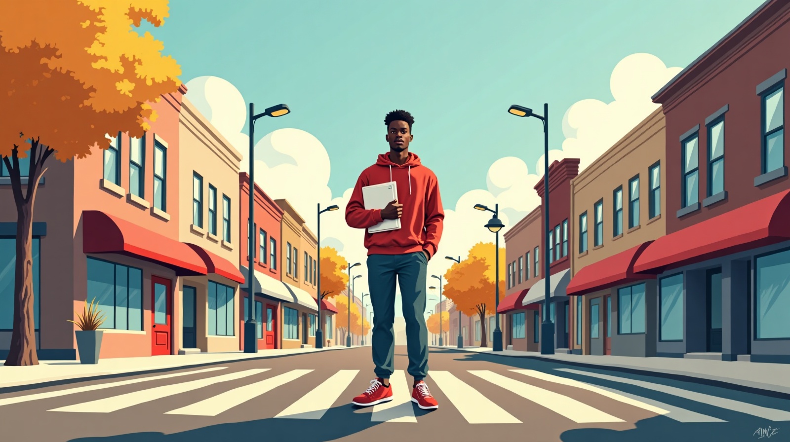 Editorial illustration: A young Black athlete standing at a crossroads between a stadium and a row of small shops.