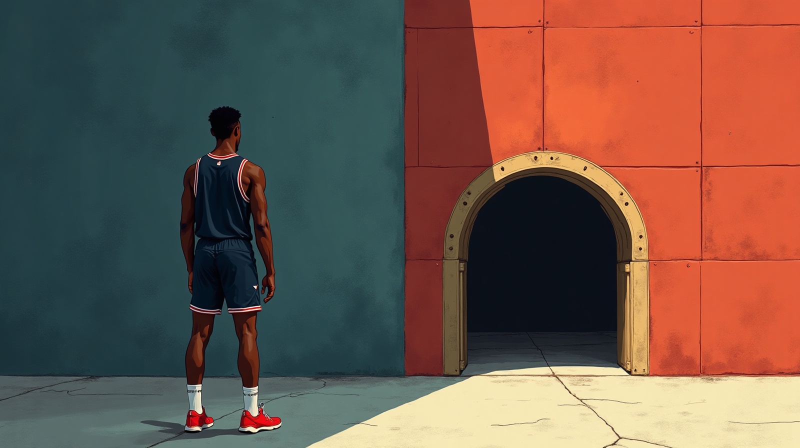 Editorial illustration: A young Black athlete in a completely plain unmarked jersey standing between a stadium tunnel entrance and a half-open bank vault door with warm light spilling out.