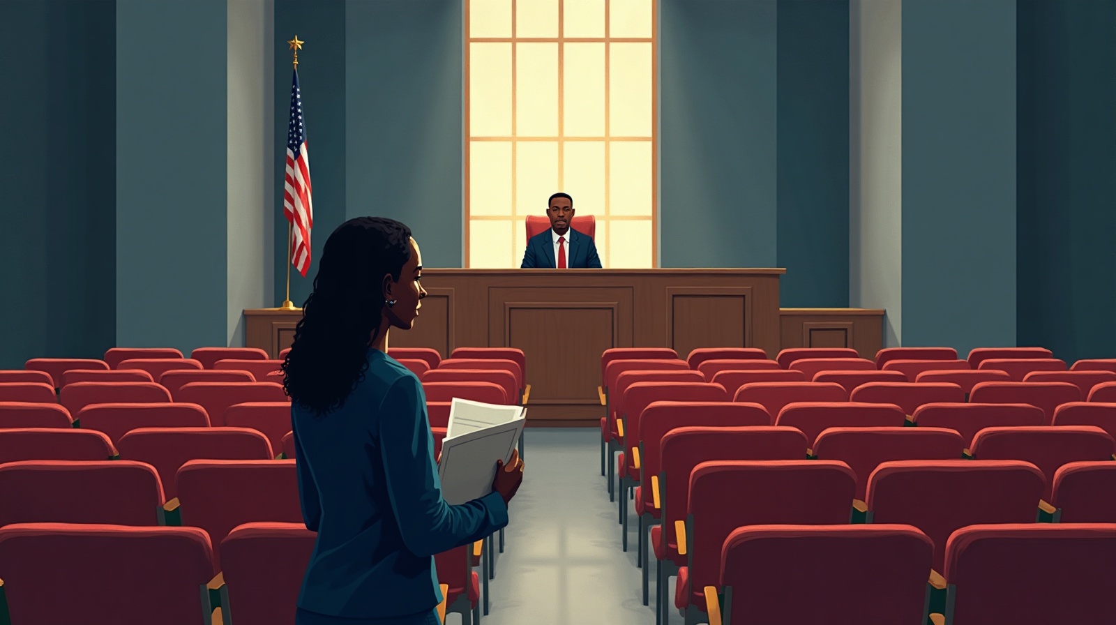 Editorial illustration: rows of public-hearing chairs facing a raised dais.
